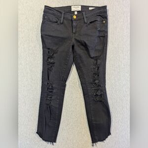 Frame Denim Le Skinny Jeanne Crop Pants Women's 26 Black Ripped Raw Hem